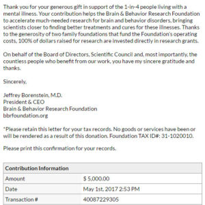 Brain & Behavior Research Foundation Virtual Race Charity Donation Receipt