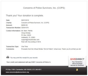 C.O.P.S. Virtual Race Donation Receipt