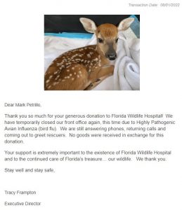 Florida Wildlife Hospital Acknowledgement Letter