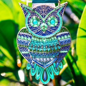 Virtual Strides Virtual Run - Give A Hoot stained glass owl medal