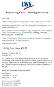 League of Women Voters Donation Acknowledgement Letter