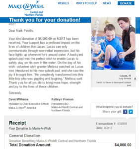 Make-A-Wish Charity Virtual Race Donation Receipt