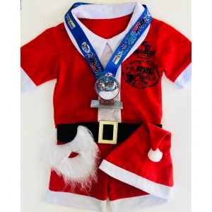 Virtual Strides Partner Virtual Race - Run Run Santa 2019 Snow Globe Medal and Santa Suit