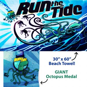 Virtual Strides Partner Virtual Race - Run The Tide 2020 octopus medal and beach towel