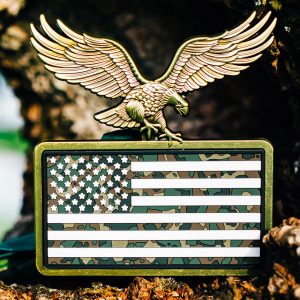 Virtual Strides Virtual Run - Stars and Stripes camo flag medal with 3D bald eagle and bonus patch