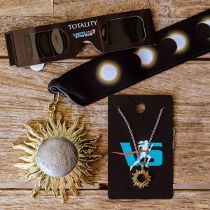 Virtual Strides Virtual Run - Totality solar eclipse medal, solar eclipse necklace, and solar viewing glasses